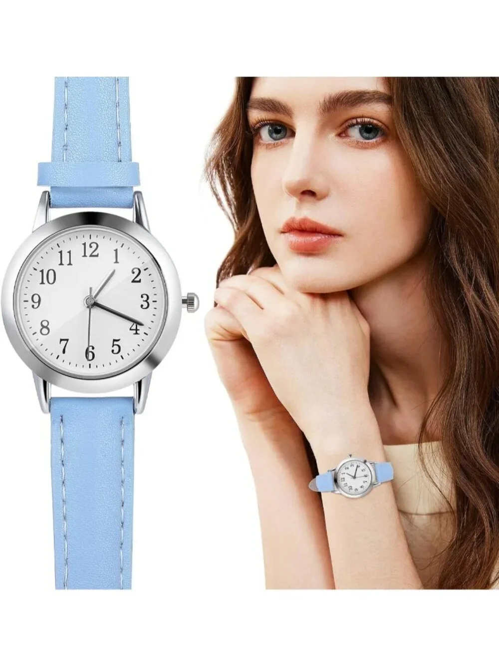 Women's Blue White Analog Quartz Leather Band Round Dial Waterproof Wrist Watch